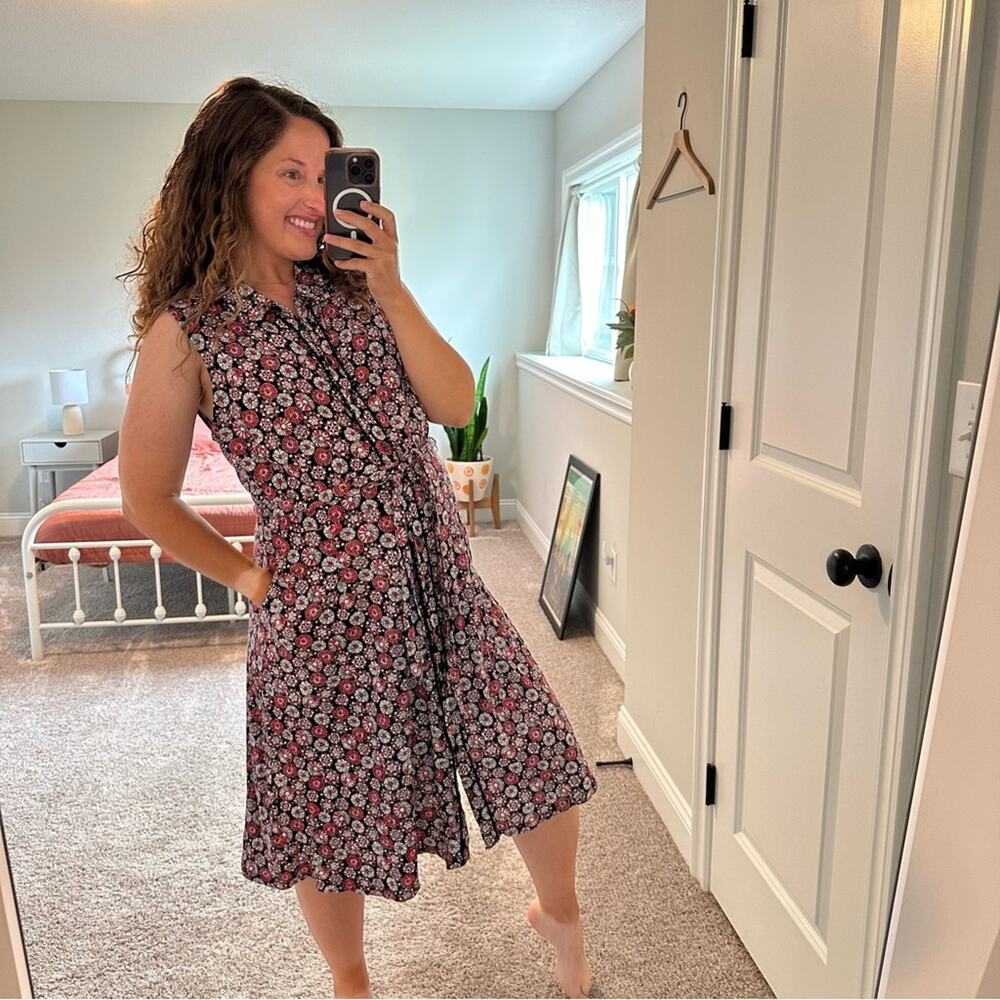 Boden Red White Blue Cotton Floral Button Front Belted MIDI Dress 14R - Picture 6 of 12
